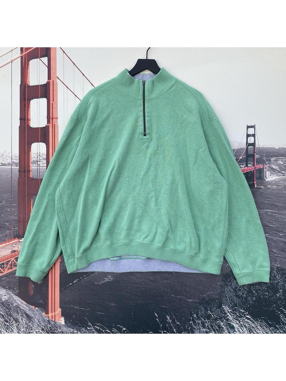 Tommy Bahama Sweater Mens Size XL Green/Beige Reversible Quarter Zip Sweatshirt